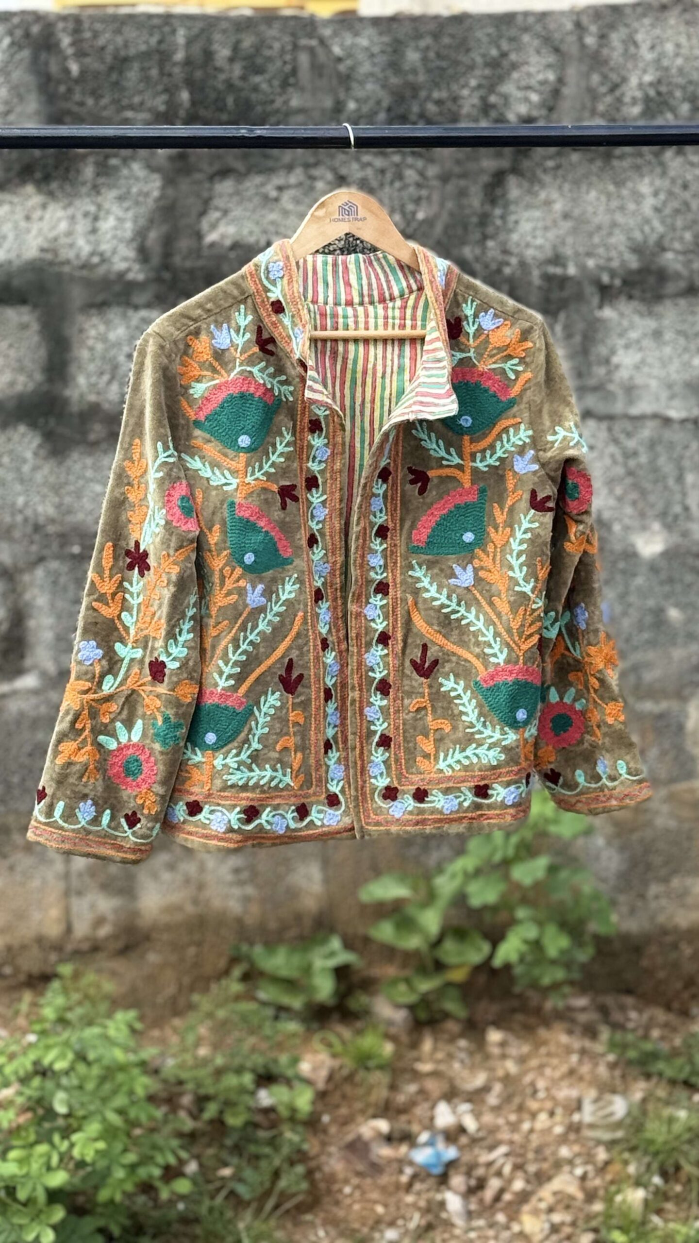 Womens Olive Green Velvet Embroidered Jacket with Floral Design - Image 2