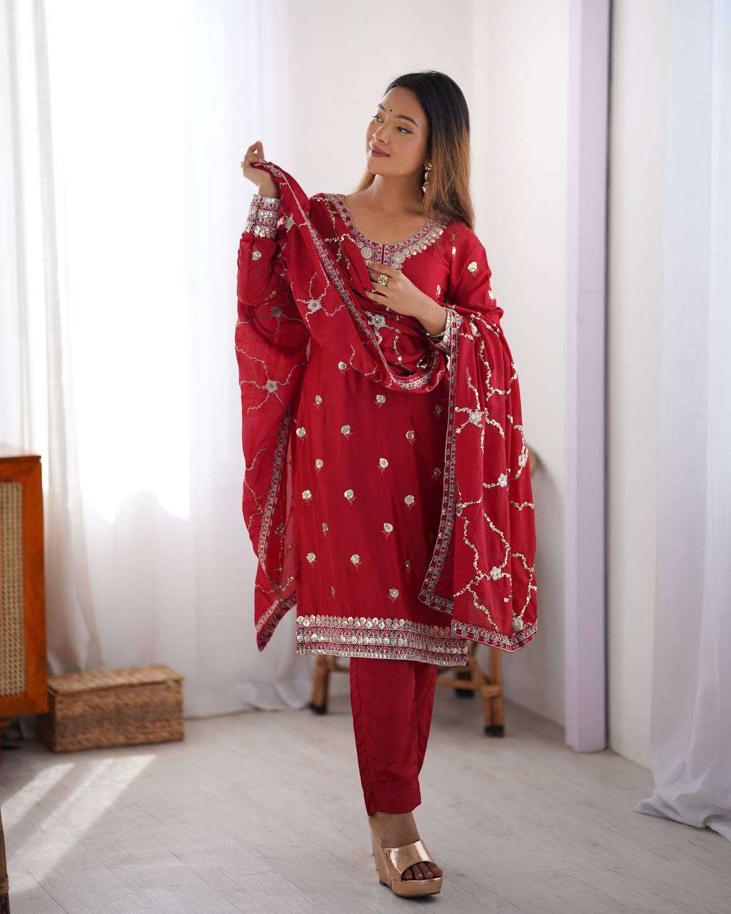 Women's Chinon Silk Embroidered Straight Kurti with Pant And Dupatta Set - Image 6